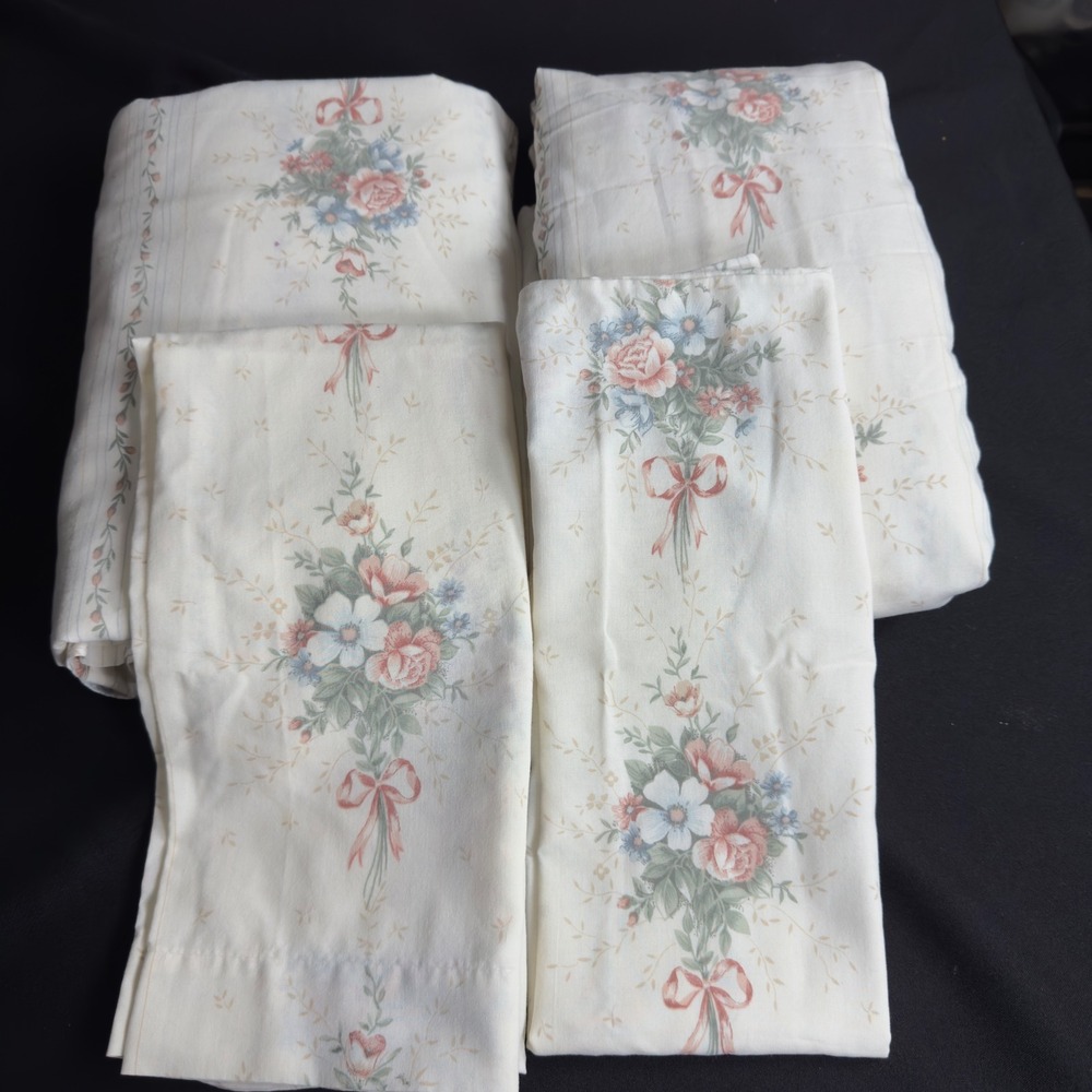 Vintage Springs Floral Bouquet Queen Sheet Set Pink Rose Blue Bow Cottagecore